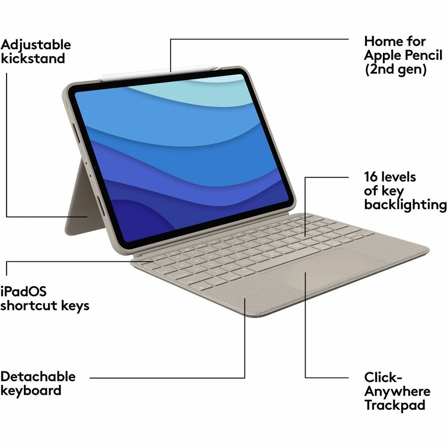 Logitech Combo Touch Keyboard/Cover Case for 11" Apple iPad Pro (3rd Generation), iPad Pro (2nd Generation), iPad Pro Tablet - Sand