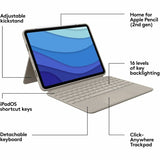 Logitech Combo Touch Keyboard/Cover Case for 11" Apple iPad Pro (3rd Generation), iPad Pro (2nd Generation), iPad Pro Tablet - Sand
