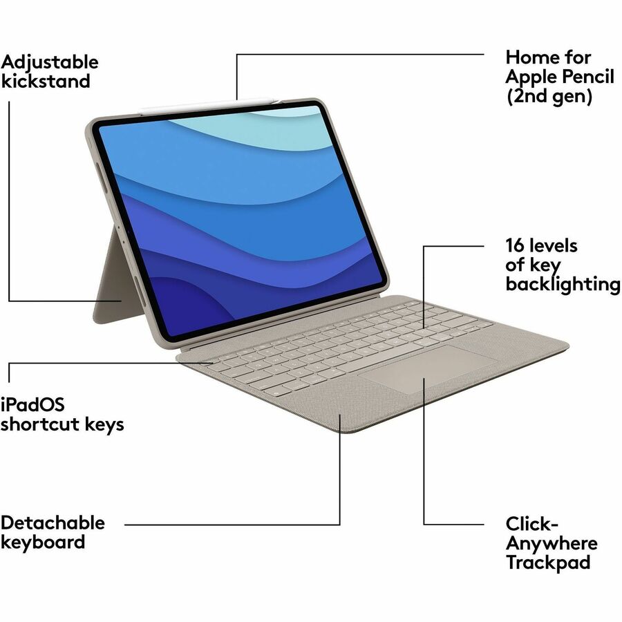 Logitech Combo Touch Keyboard/Cover Case (Folio) for 12.9" (327.66 mm) Apple, Logitech iPad Pro (5th Generation) Tablet - Sand