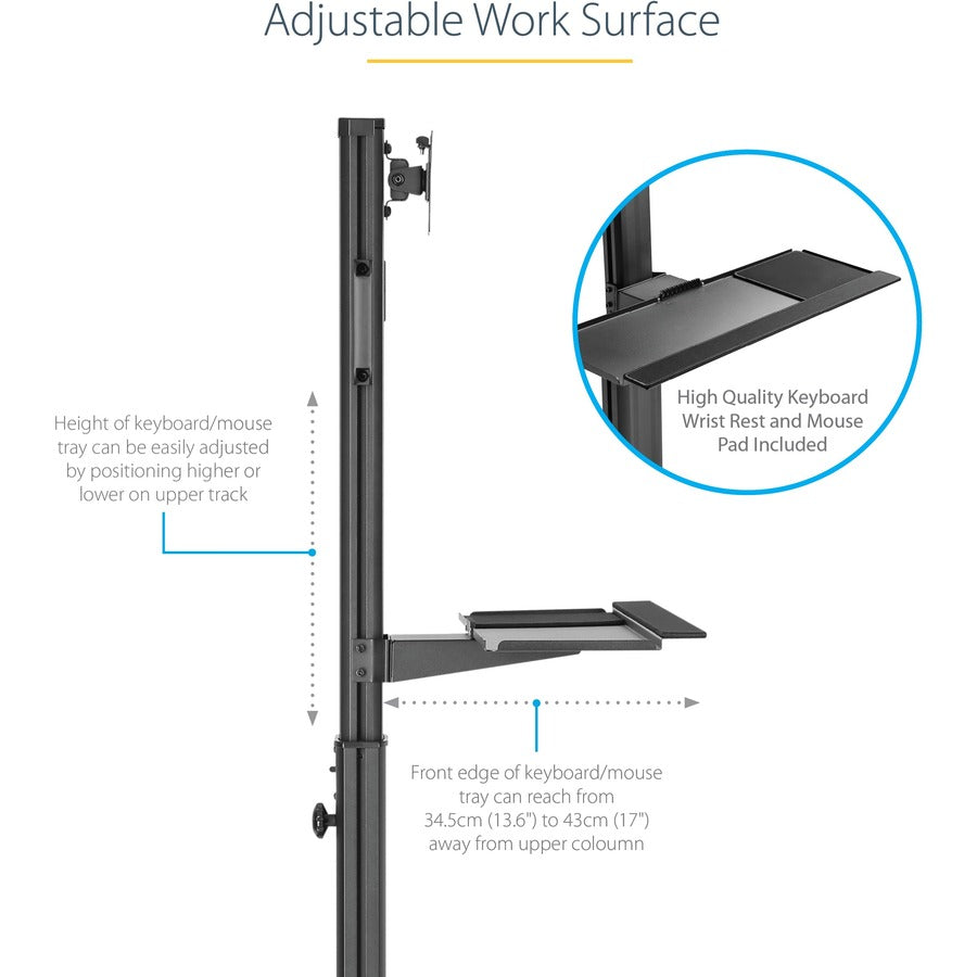 StarTech.com Mobile Standing Workstation with Monitor Mount, CPU/PC Holder, Height Adjustable Desktop Computer Cart, Standing Workstation