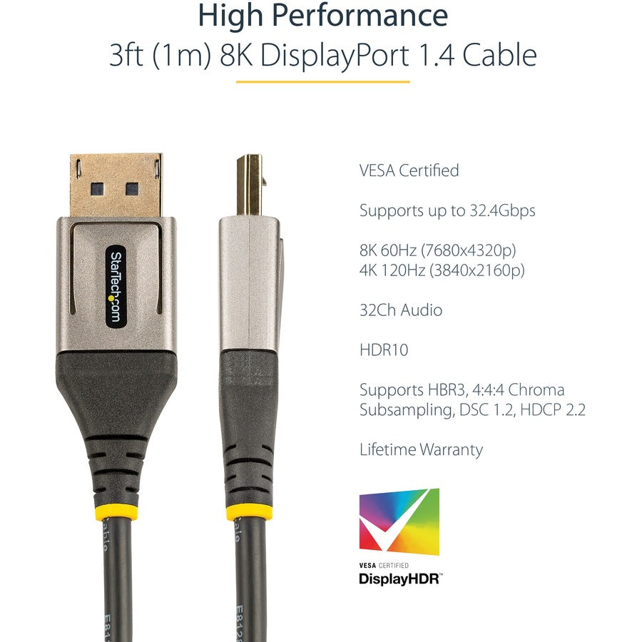StarTech.com 3ft (1m) VESA Certified DisplayPort 1.4 Cable, 8K 60Hz HDR10, UHD 4K 120Hz Video, DP to DP Monitor Cord, DP 1.4 Cable, M/M