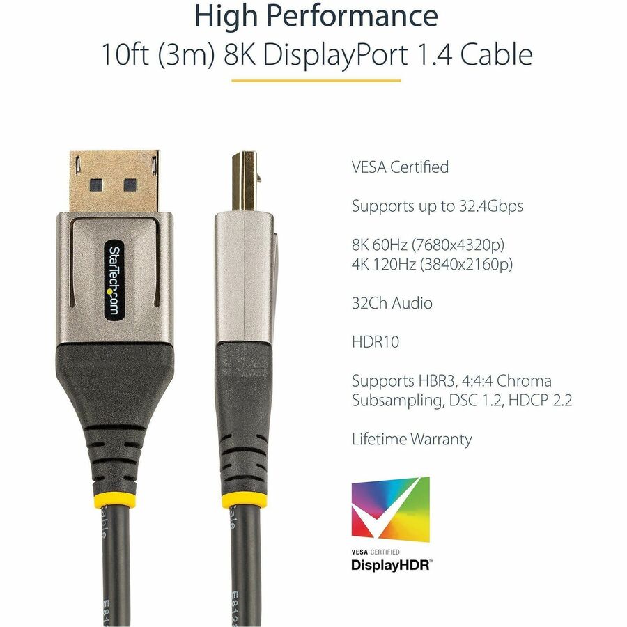 StarTech.com 10ft (3m) VESA Certified DisplayPort 1.4 Cable, 8K 60Hz HDR10, UHD 4K 120Hz Video, DP to DP Monitor Cord, DP 1.4 Cable, M/M