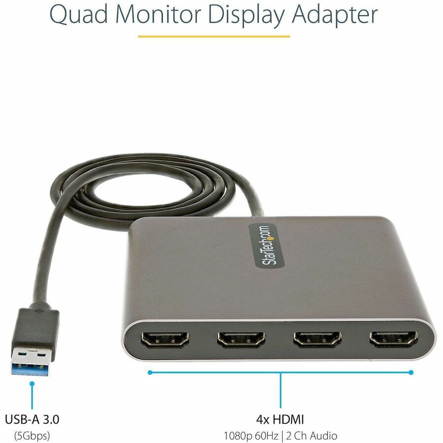 Adaptateur StarTech.com USB 3.0 vers 4 ports HDMI, carte graphique externe, 1080p, adaptateur/convertisseur d'affichage USB Type-A vers 4 ports HDMI, Windows