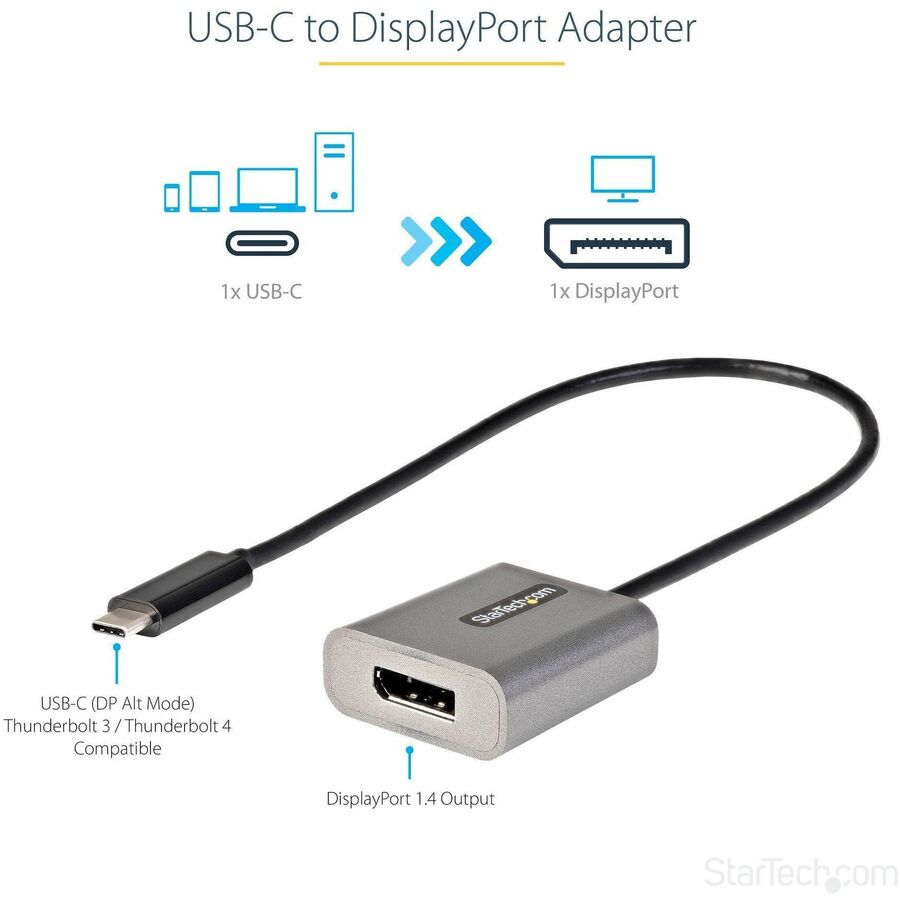 StarTech.com USB C to DisplayPort Adapter, 8K/4K 60Hz USB-C to DisplayPort 1.4 Adapter, DSC, USB Type-C to DP Video Converter, w/12" Cable