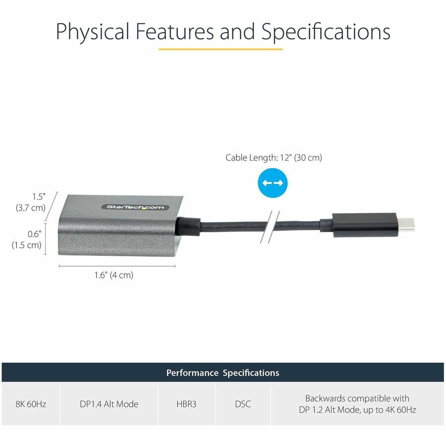 StarTech.com USB C to DisplayPort Adapter, 8K/4K 60Hz USB-C to DisplayPort 1.4 Adapter, DSC, USB Type-C to DP Video Converter, w/12" Cable