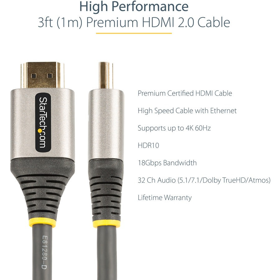 StarTech.com 3ft (1m) Premium Certified HDMI 2.0 Cable, High Speed Ultra HD 4K 60Hz HDMI Cable with Ethernet, HDR10, UHD HDMI Monitor Cord