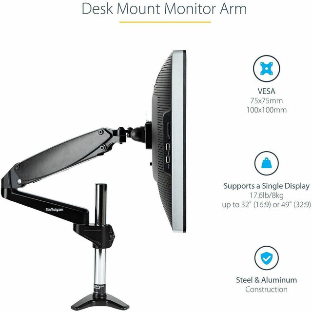 StarTech.com Desk Mount Monitor Arm for Single VESA Display 49"(17.6lb/8kg), Full Motion Articulating &amp; Height Adjustable, C-Clamp/Grommet