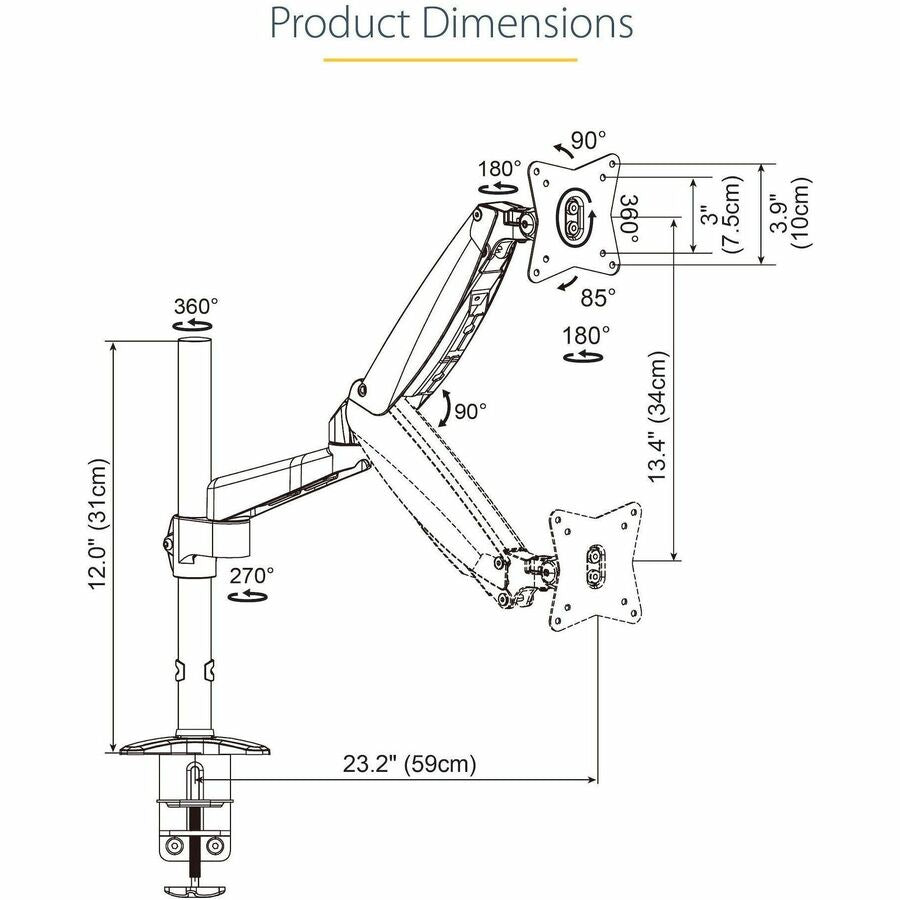 StarTech.com Desk Mount Monitor Arm for Single VESA Display 49"(17.6lb/8kg), Full Motion Articulating &amp; Height Adjustable, C-Clamp/Grommet