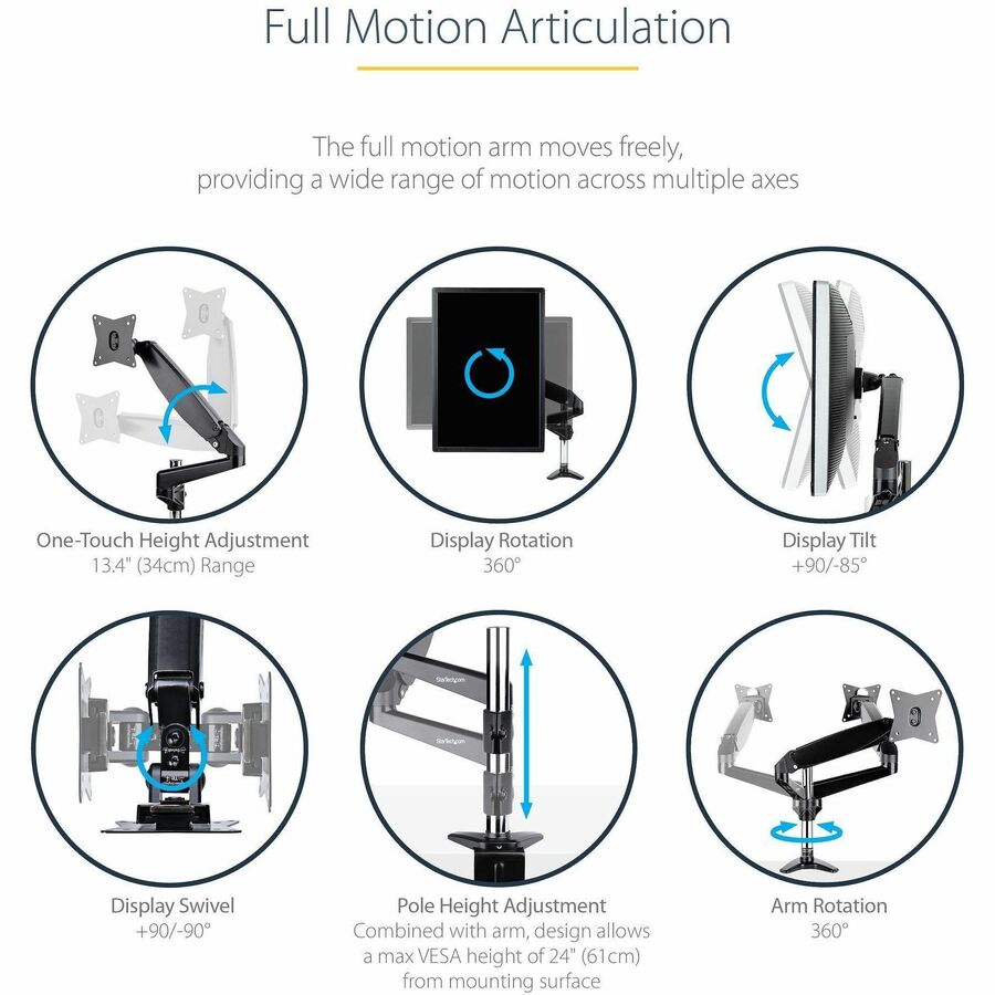 StarTech.com Desk Mount Monitor Arm for Single VESA Display 49"(17.6lb/8kg), Full Motion Articulating &amp; Height Adjustable, C-Clamp/Grommet