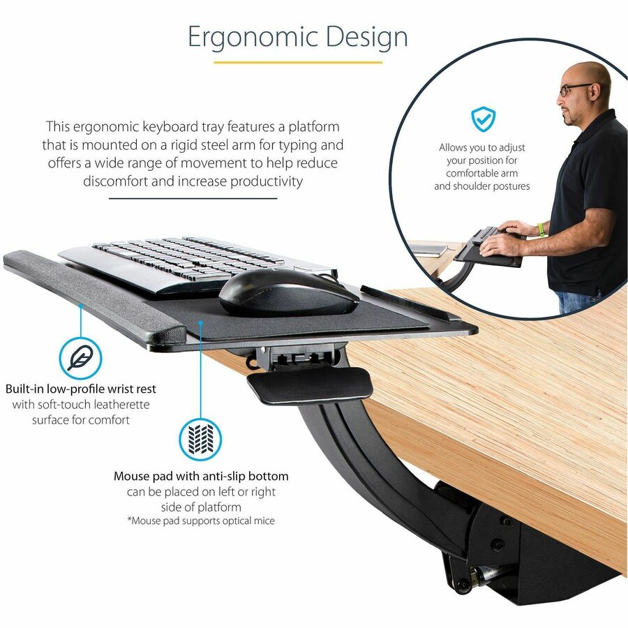 StarTech.com Under Desk Keyboard Tray, Height Adjustable Keyboard and Mouse Tray (10" x 26"), Ergonomic Computer Keyboard Tray w/Mouse Pad