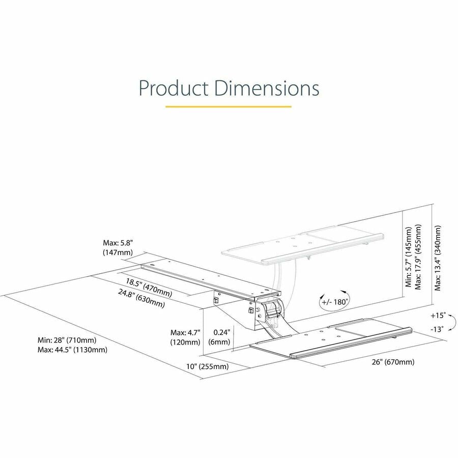 StarTech.com Under Desk Keyboard Tray, Height Adjustable Keyboard and Mouse Tray (10" x 26"), Ergonomic Computer Keyboard Tray w/Mouse Pad