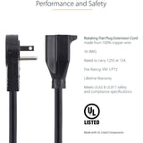StarTech.com 10ft Power Extension Cord, Rotating Flat Plug Extension Cord, NEMA 5-15P to NEMA 5-15R Cable, 16 AWG, 125V/15A, UL Certified
