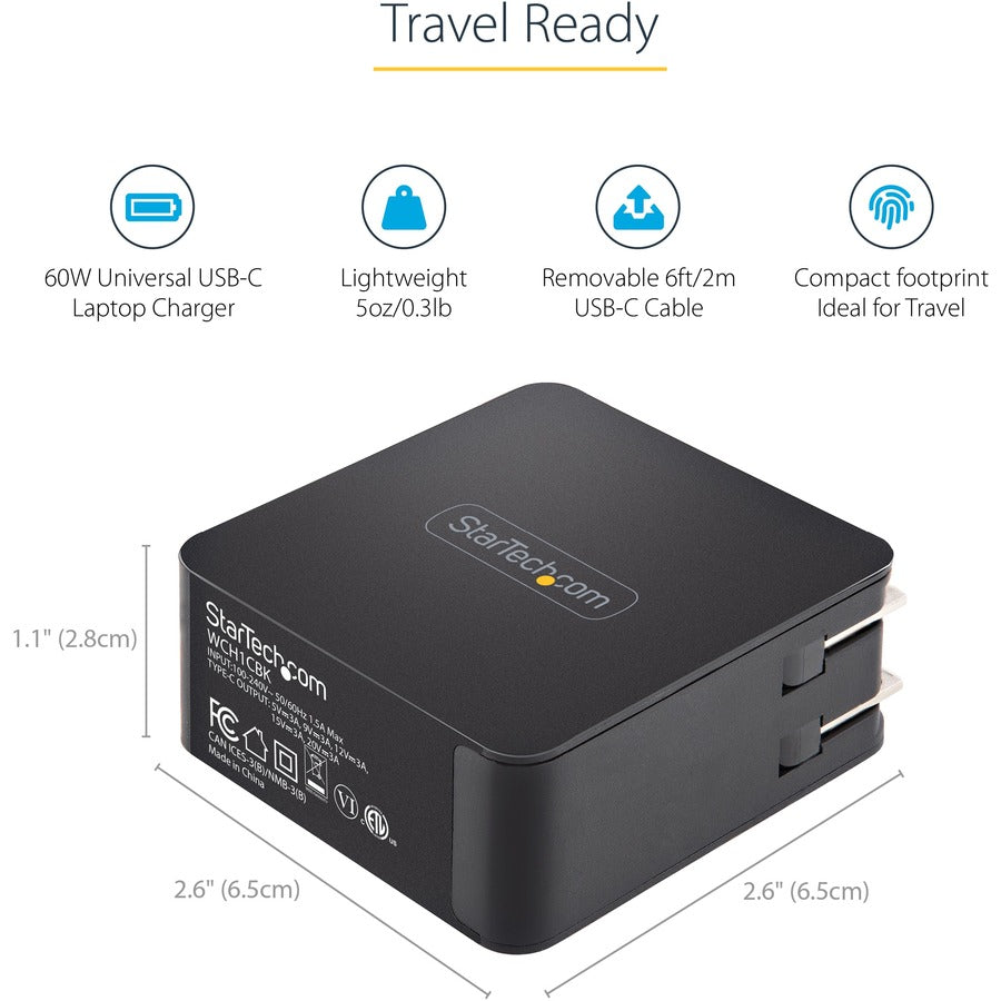 Chargeur mural USB-C StarTech.com, 60 W PD avec câble de 2 m, chargeur portable USB-C pour ordinateur portable, adaptateur universel, certifié USB IF/ETL