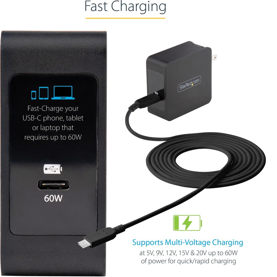Chargeur mural USB-C StarTech.com, 60 W PD avec câble de 2 m, chargeur portable USB-C pour ordinateur portable, adaptateur universel, certifié USB IF/ETL