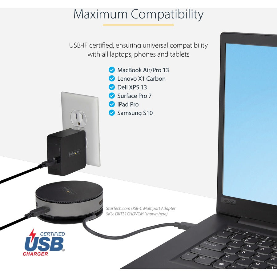 Chargeur mural USB-C StarTech.com, 60 W PD avec câble de 2 m, chargeur portable USB-C pour ordinateur portable, adaptateur universel, certifié USB IF/ETL