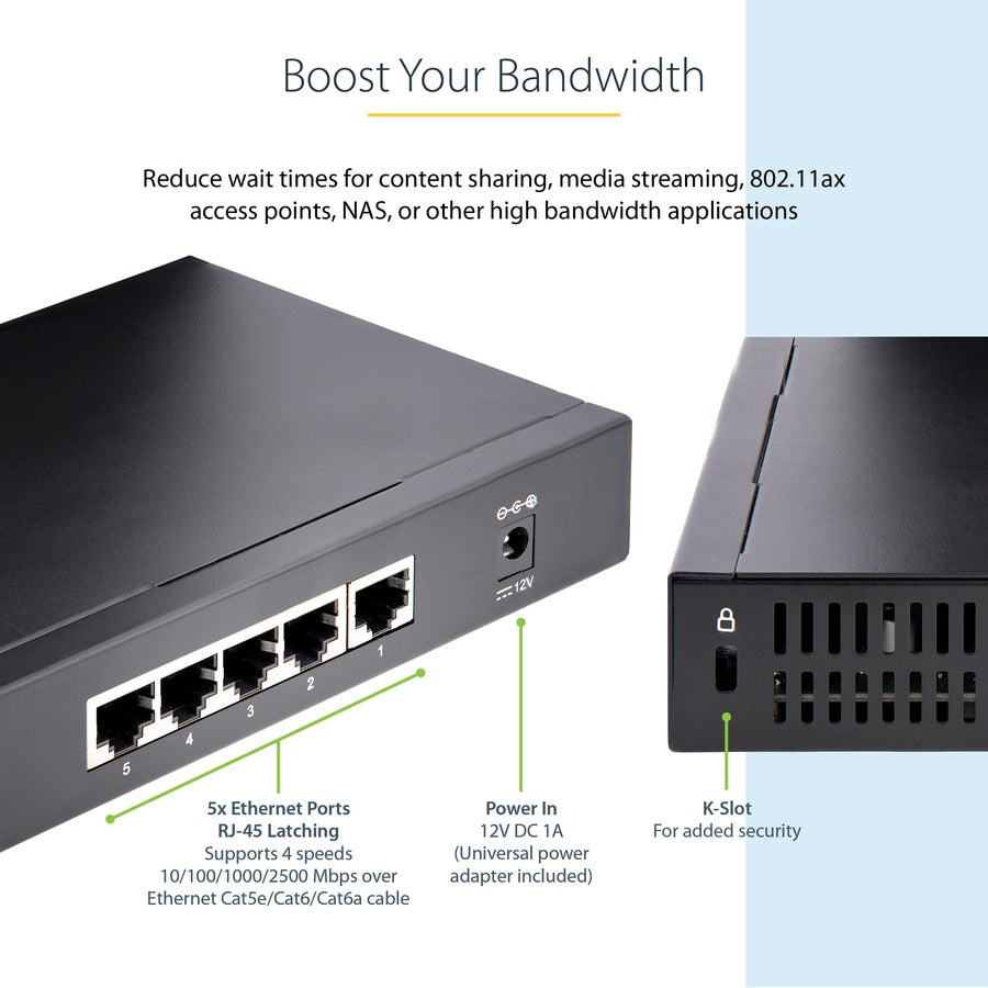 StarTech.com Unmanaged 2.5G Switch, 5 Port 2.5GBASE-T Unmanaged Ethernet Switch, Desk | Wall Mount Kit, Compatible w/ 10/100/1000Mbps devices