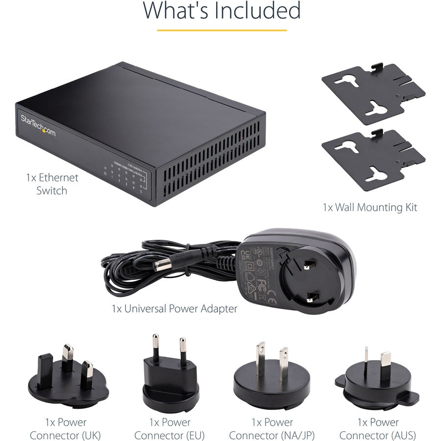 StarTech.com Unmanaged 2.5G Switch, 5 Port 2.5GBASE-T Unmanaged Ethernet Switch, Desk | Wall Mount Kit, Compatible w/ 10/100/1000Mbps devices