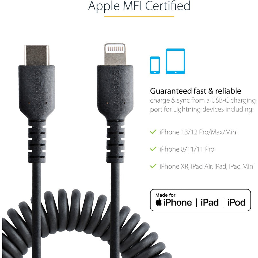 Câble USB-C vers Lightning StarTech.com de 1 m (3 pi), certifié MFi, câble spiralé pour chargeur iPhone, noir, gaine TPE durable en fibre d'aramide