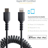Câble USB-C vers Lightning StarTech.com de 1 m (3 pi), certifié MFi, câble spiralé pour chargeur iPhone, noir, gaine TPE durable en fibre d'aramide