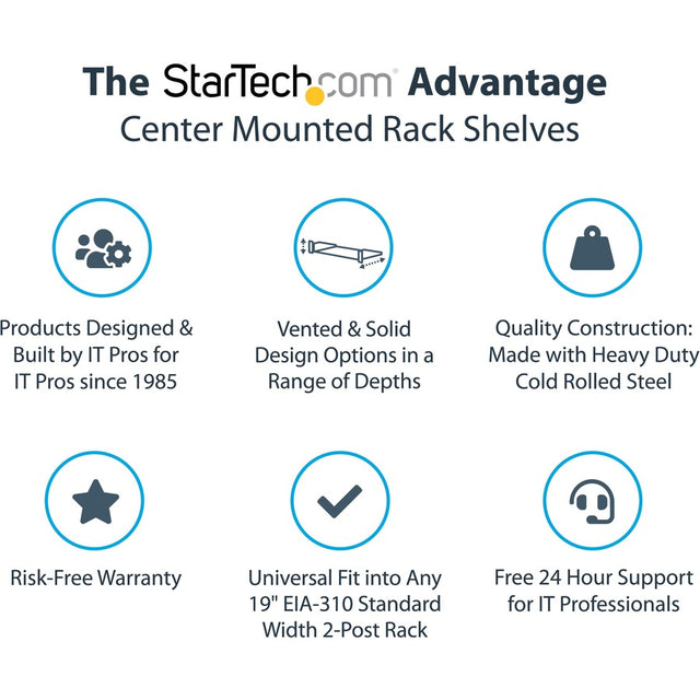 StarTech.com 2U Vented Server Rack Shelf - Center Mount Fixed 14" Deep Cantilever Rackmount Tray for 19" Data/AV/Network w/Cage Nuts