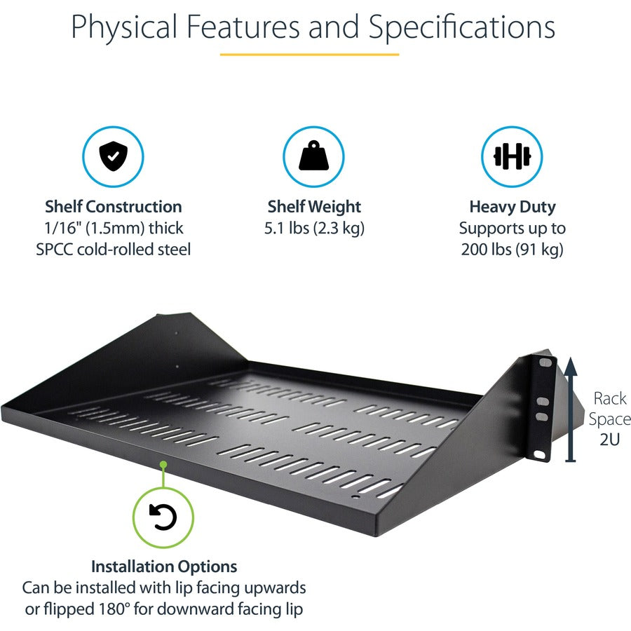 StarTech.com 2U Vented Server Rack Shelf - Center Mount Fixed 14" Deep Cantilever Rackmount Tray for 19" Data/AV/Network w/Cage Nuts