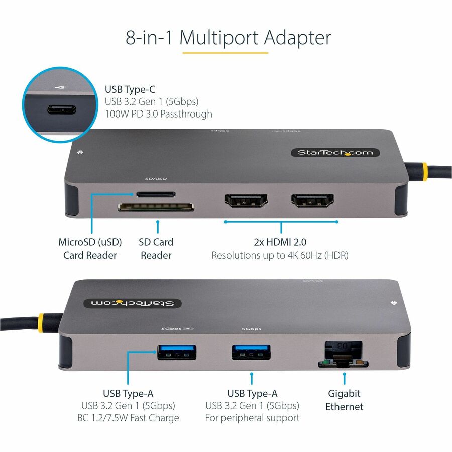StarTech.com USB C Multiport Adapter, Dual HDMI, 4K 60Hz, 2x 5Gbps USB-A Hub, 100W Power Delivery, GbE, SD/MicroSD, USB C Mini Dock