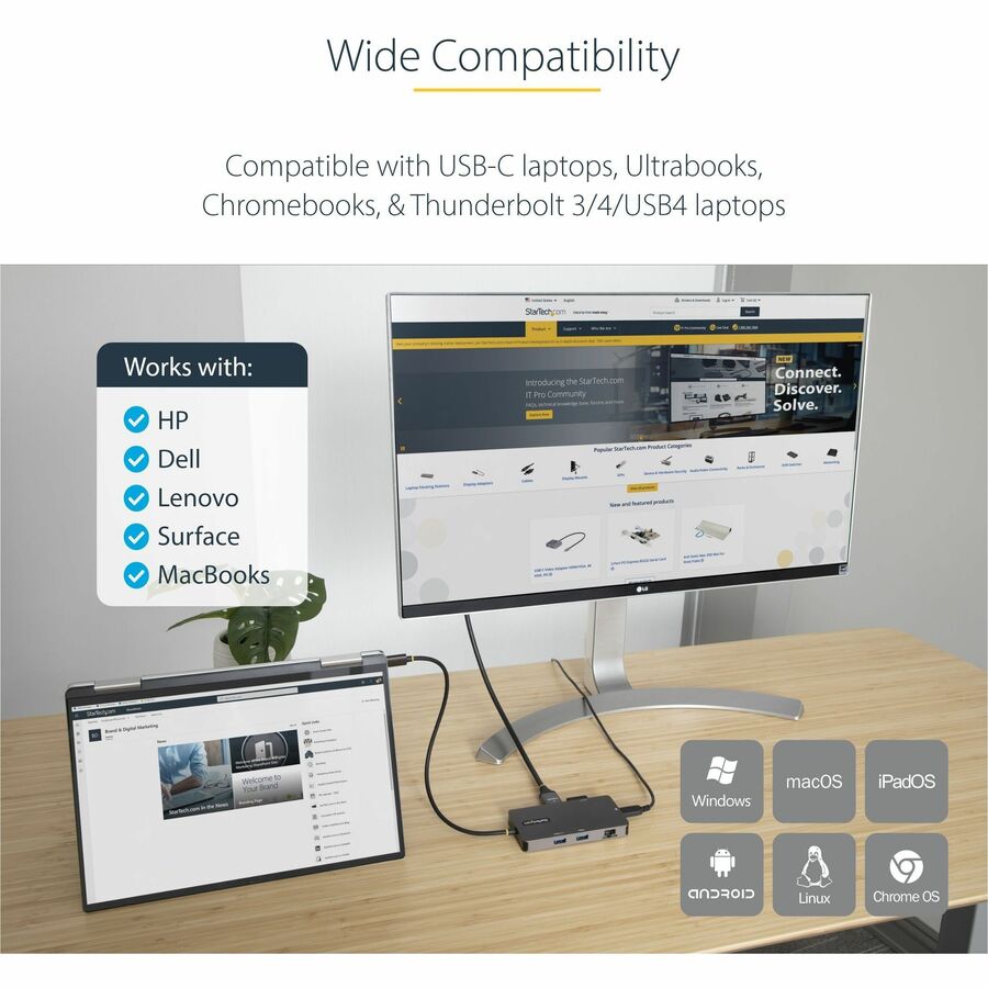 StarTech.com USB C Multiport Adapter, Dual HDMI, 4K 60Hz, 2x 5Gbps USB-A Hub, 100W Power Delivery, GbE, SD/MicroSD, USB C Mini Dock