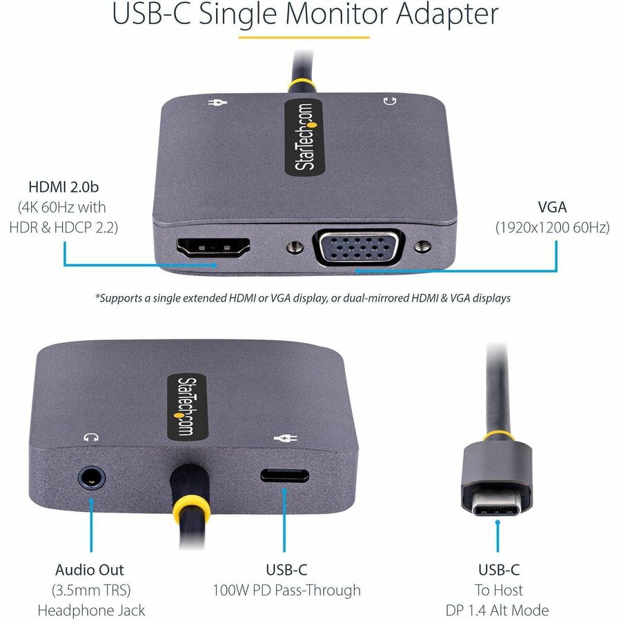 Adaptateur vidéo USB-C StarTech.com, adaptateur multiport USB-C vers HDMI VGA, audio 3,5 mm, 4K 60 Hz HDR, 100 W PD 3.0 PT, adaptateur d'affichage USB-C