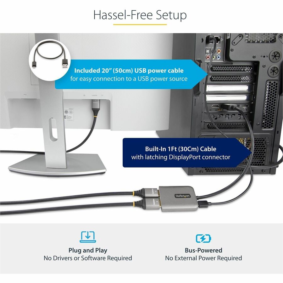 StarTech.com DP to Dual HDMI MST HUB, Dual HDMI 4K 60Hz, 2 Port DisplayPort Multi Monitor Adapter with 1ft/30cm Cable, DP 1.4 | DSC | HBR3
