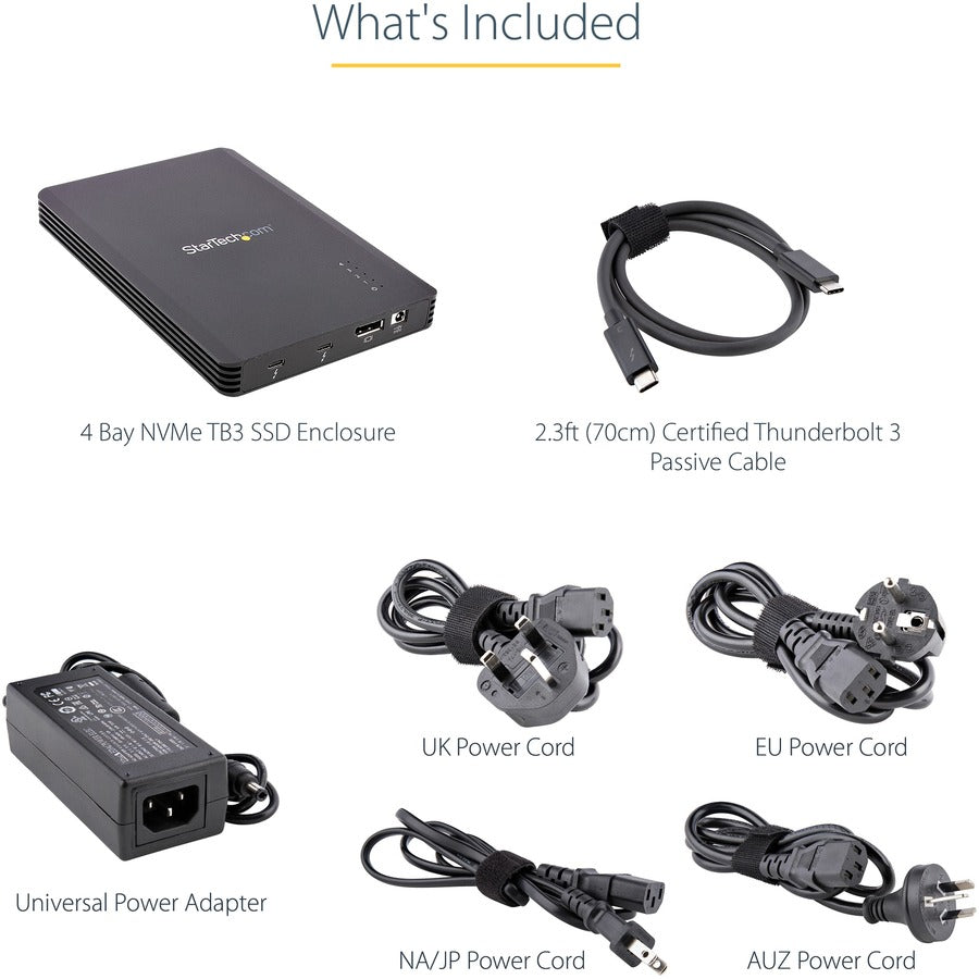 StarTech.com 4 Bay Thunderbolt 3 NVMe Enclosure, For M.2 NVMe SSD Drives, 1x DisplayPort Video and 2x TB3 Downstream Ports, 40Gbps