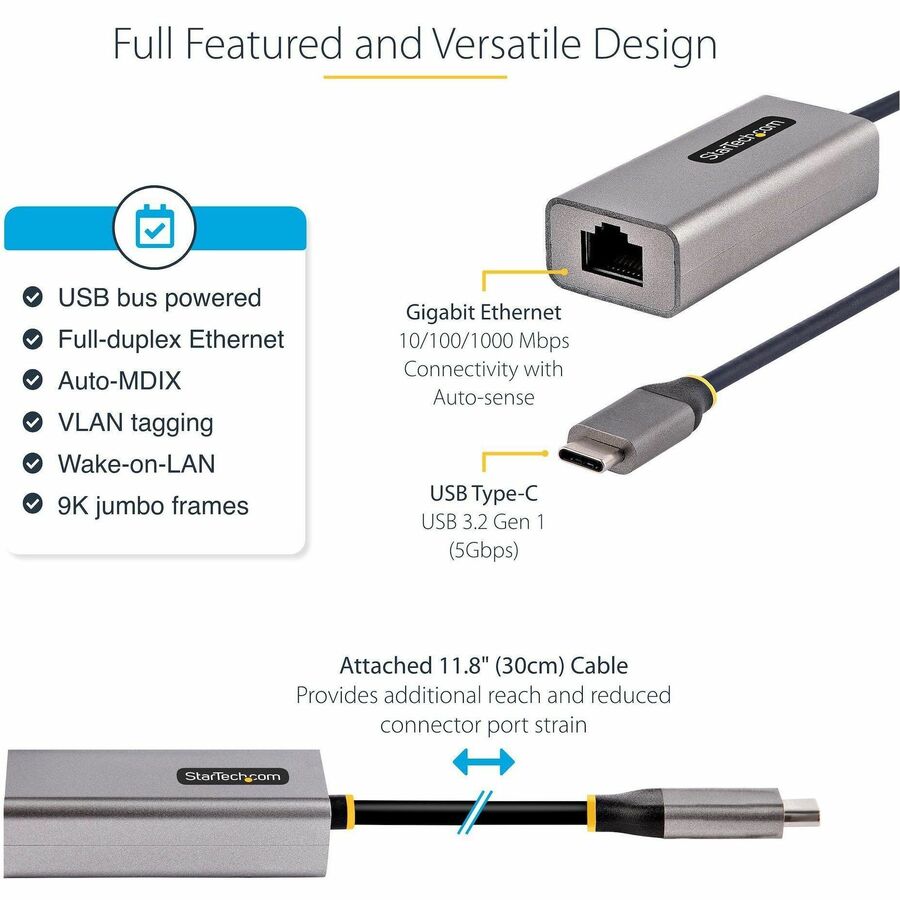 StarTech.com USB-C to Ethernet Adapter, 10/100/1000 Mbps, Gigabit Network Adapter, ASIX AX88179A, 1ft/30cm Cable, Windows/macOS/Linux
