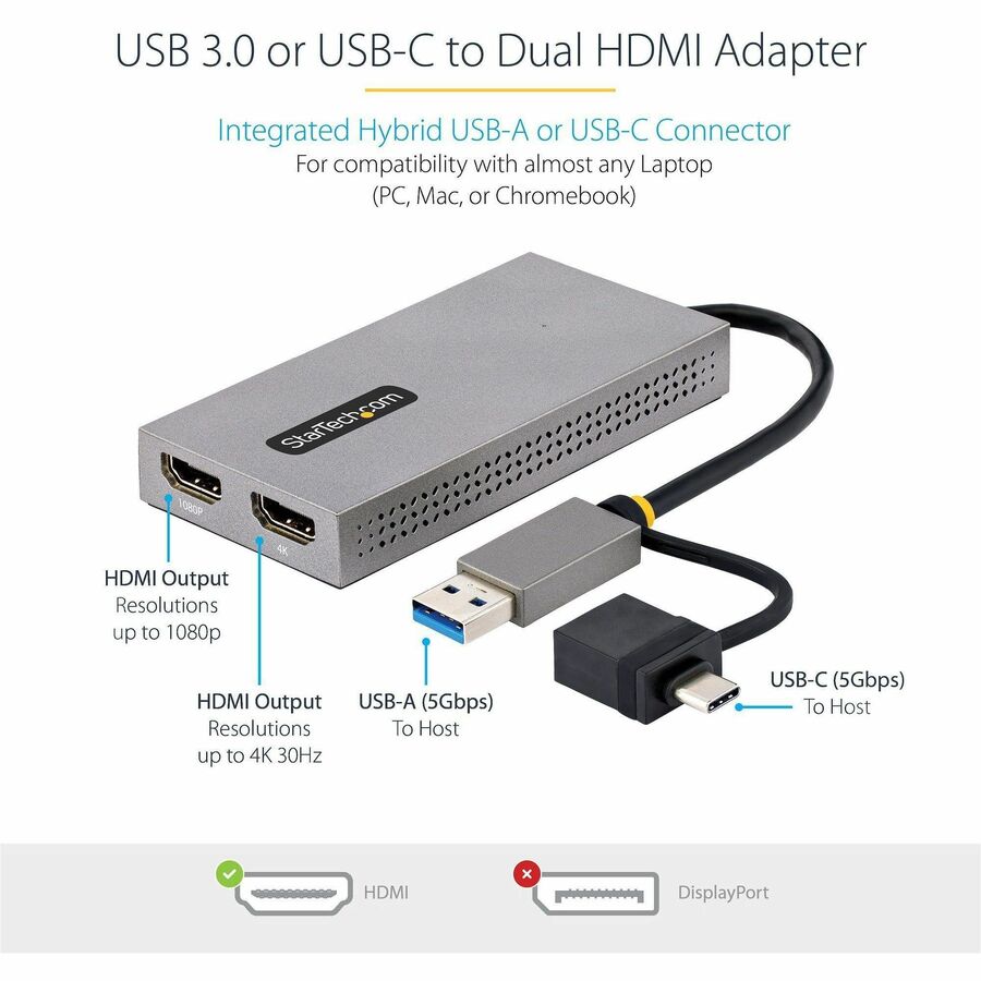 StarTech.com USB to Dual HDMI Adapter, USB A/C to 2x HDMI Displays (1x 4K30, 1x 1080p), USB 3.0 to HDMI Converter, 4in/11cm Cable, Win/Mac