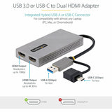 StarTech.com USB to Dual HDMI Adapter, USB A/C to 2x HDMI Displays (1x 4K30, 1x 1080p), USB 3.0 to HDMI Converter, 4in/11cm Cable, Win/Mac