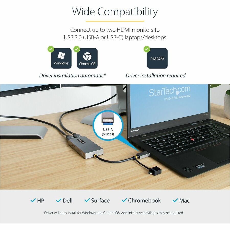 StarTech.com USB to Dual HDMI Adapter, USB A/C to 2x HDMI Displays (1x 4K30, 1x 1080p), USB 3.0 to HDMI Converter, 4in/11cm Cable, Win/Mac