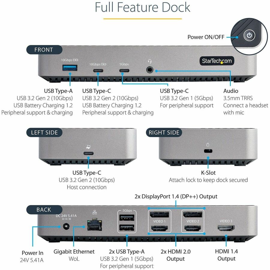 StarTech.com USB-C Triple Monitor Docking Station - Triple 4K HDMI/DP USB-C Dock - 5x USB Hub - GbE - 100W PD - Universal / Multi Monitor