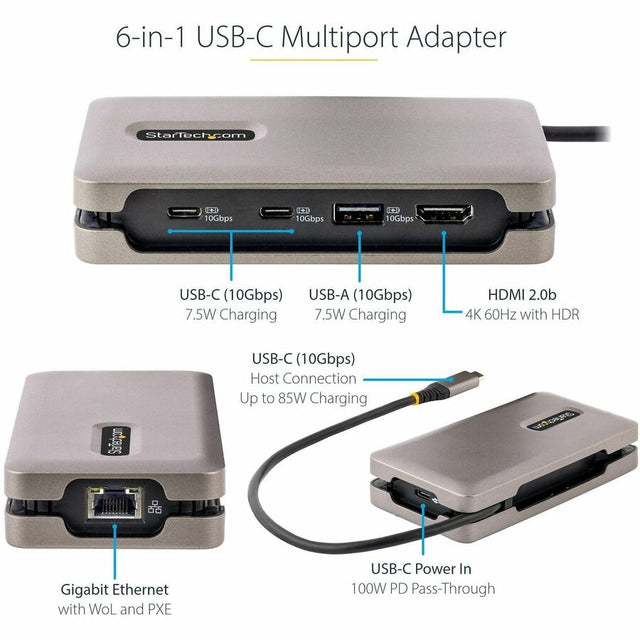 StarTech.com USB-C Multiport Adapter, 4K 60Hz HDMI (HDR), USB 3.2 Gen 2 10Gbps Hub (2xUSB-C/1xUSB-A), 100W PD Pass-Through, GbE, Mini Dock
