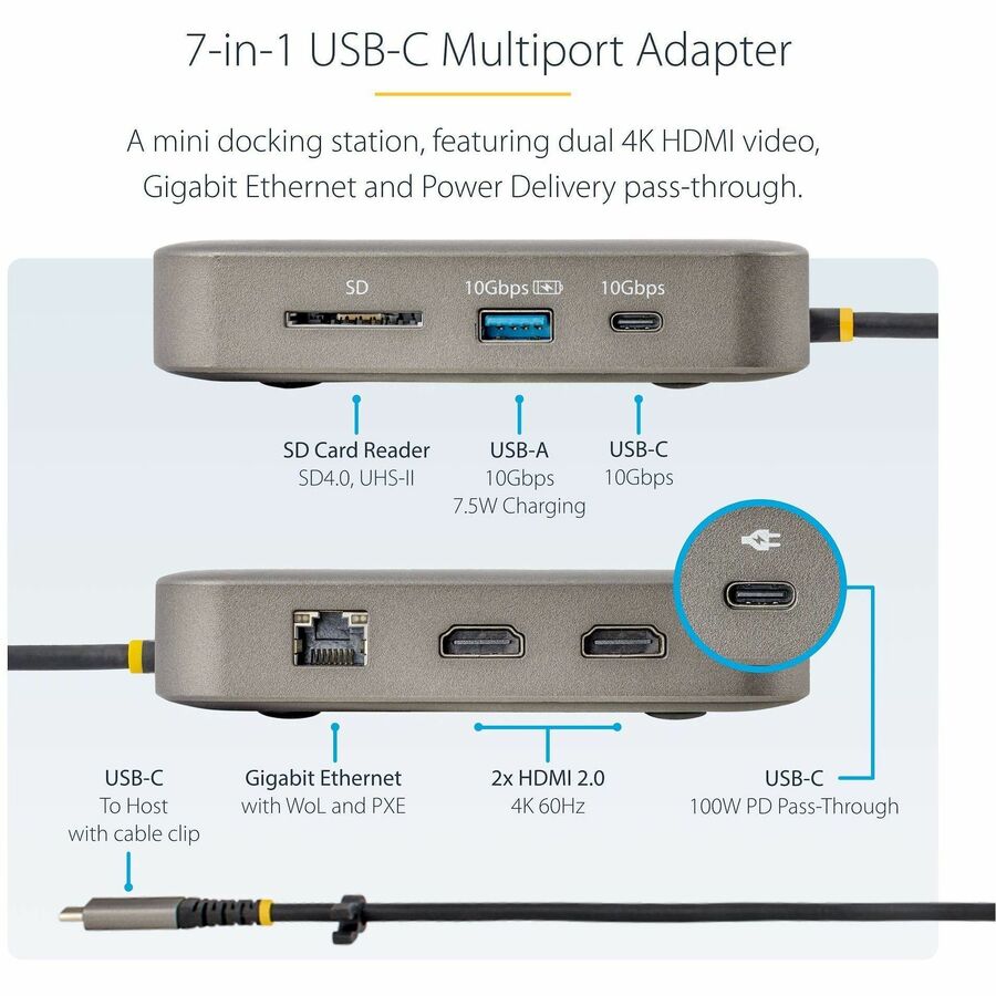 StarTech.com USB C Multiport Adapter, Dual 4K 60Hz HDMI 2.0b, 2x 10Gbps USB Hub, 100W PD Pass-Through, GbE, SD, Mini Dock, Win/Mac