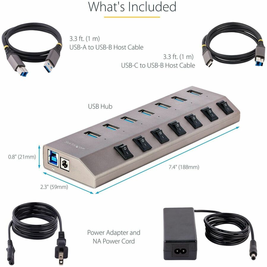 StarTech.com 7-Port Self-Powered USB-C Hub with Individual On/Off Switch, Desktop/Laptop USB-C to USB-A Hub, USB Type C Hub w/Power Supply