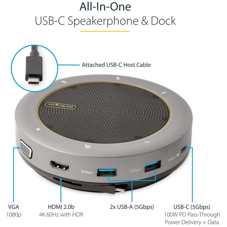 StarTech.com USB-C Speakerphone Docking Station, Mini Portable Conference Speaker/Audio Dock, VGA/4K HDMI, USB Hub, Teams/Zoom/Softphone