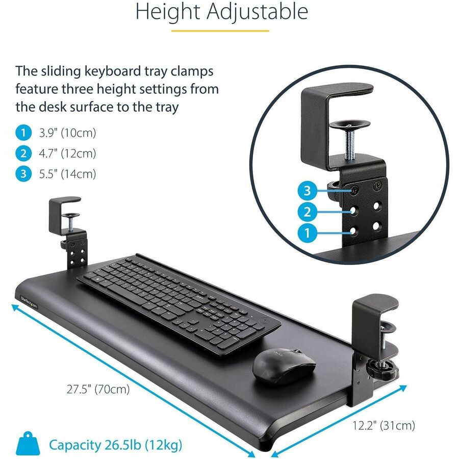 Under Desk Keyboard Tray, Clamp on Keyboard Holder, Up to 12kg/26.5lb, Height Adjustable, Ergonomic Sliding Keyboard Drawer