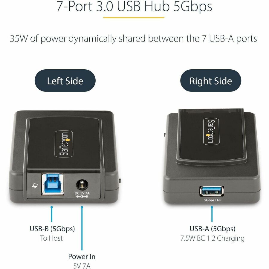 StarTech.com 7-Port USB Hub, USB 3.0 5Gbps, USB-A to 7x USB-A, Self Powered USB-A Expansion Hub w/ 35W Power Supply