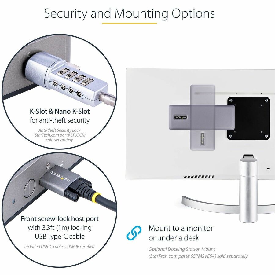 Station d'accueil USB-C StarTech.com, HDMI/DP/DP Alt Mode, triple/double 4K, 7 hubs USB, PD 60 W, GbE, certifiée WWCB