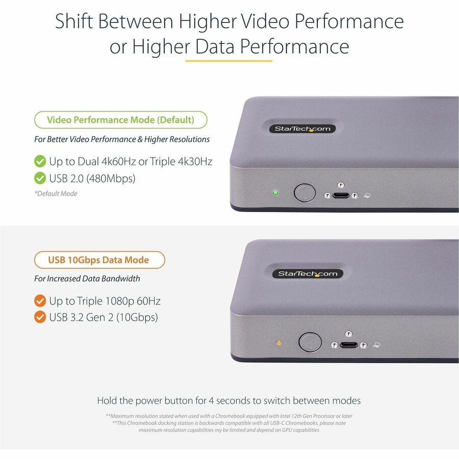 Station d'accueil USB-C StarTech.com, HDMI/DP/DP Alt Mode, triple/double 4K, 7 hubs USB, PD 60 W, GbE, certifiée WWCB