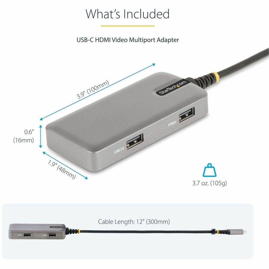 StarTech.com USB-C Multiport Adapter, 4K 60Hz HDMI, 3-Port USB Hub, 100W Power Delivery Pass-Through, Mini Dock, Windows/macOS/ChromeOS