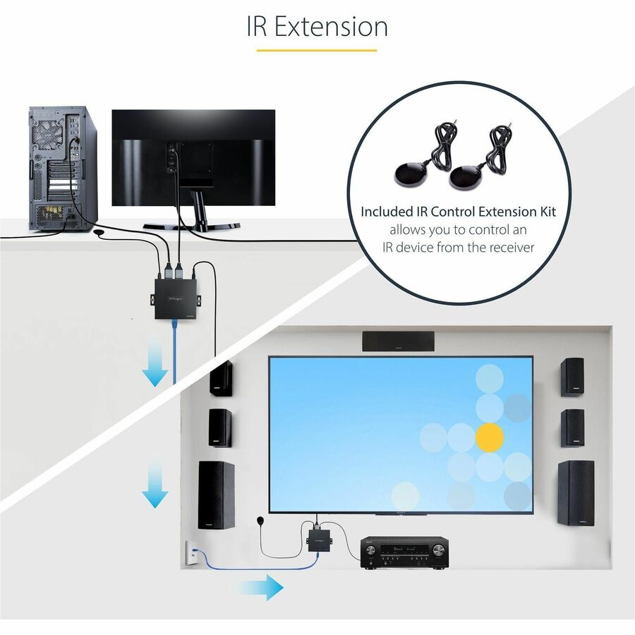 StarTech.com 4K HDMI Extender Over CAT5/CAT6 Cable, 4K 60Hz Video Extender Up to 230ft (70m), HDMI Over Ethernet Cabling, S/PDIF Audio Out