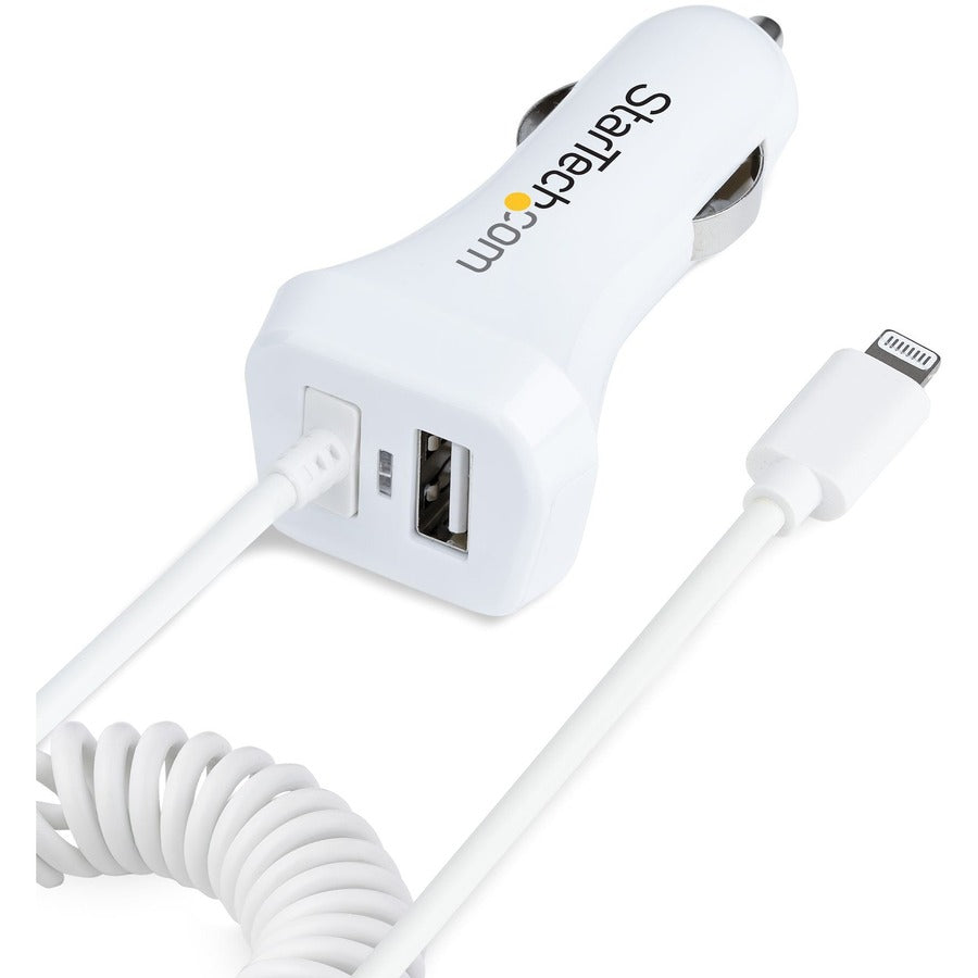 StarTech.com Lightning Car Charger with Coiled Cable, 1m Built-in Cable, 12W, White, 2 Port USB Car Charger Adapter, In Car iPhone Charger