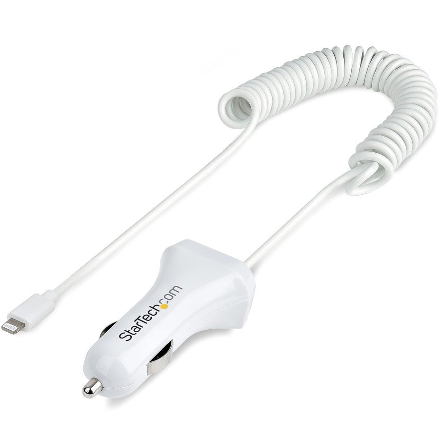 StarTech.com Lightning Car Charger with Coiled Cable, 1m Built-in Cable, 12W, White, 2 Port USB Car Charger Adapter, In Car iPhone Charger