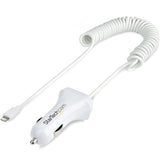 StarTech.com Lightning Car Charger with Coiled Cable, 1m Built-in Cable, 12W, White, 2 Port USB Car Charger Adapter, In Car iPhone Charger