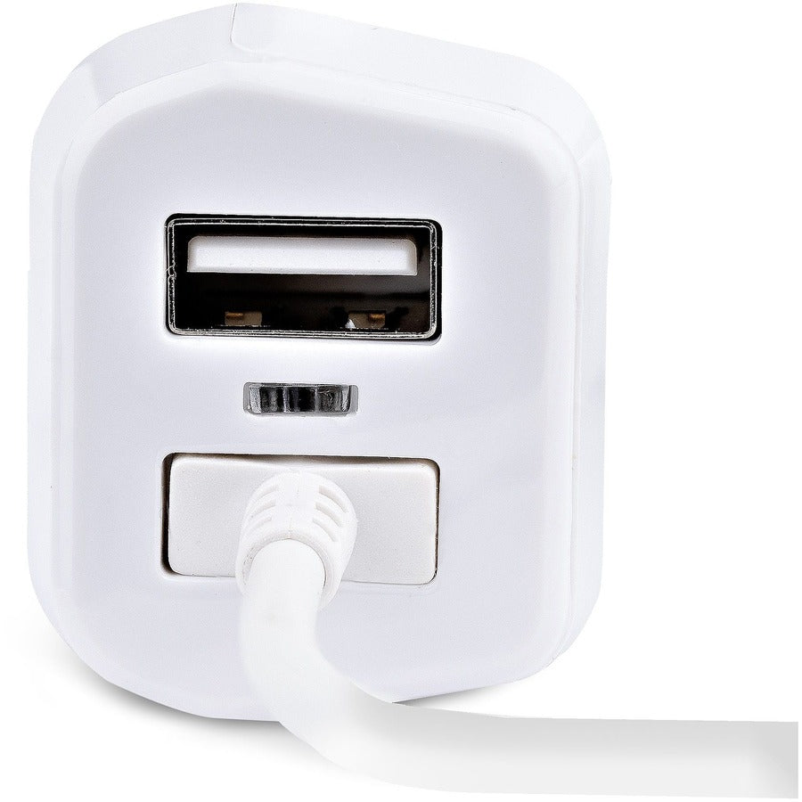 StarTech.com Lightning Car Charger with Coiled Cable, 1m Built-in Cable, 12W, White, 2 Port USB Car Charger Adapter, In Car iPhone Charger