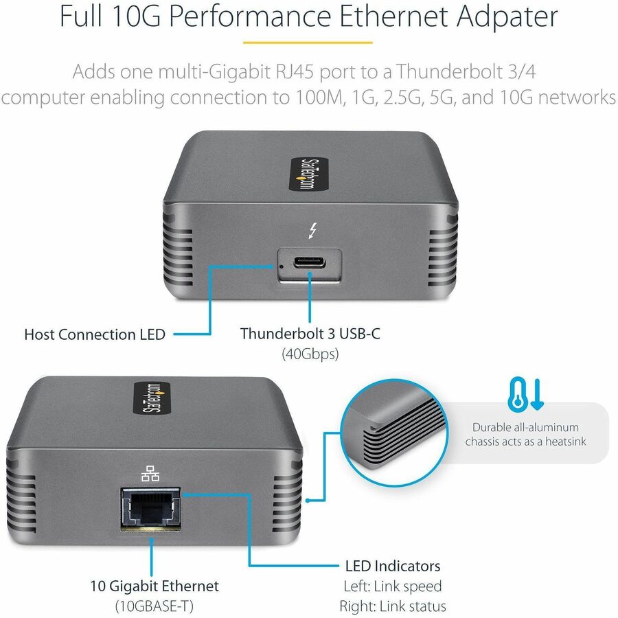 StarTech.com Thunderbolt 3 to Ethernet Adapter, 10GbE, Multi-Gigabit Thunderbolt 3 to RJ45 Network Adapter, TB3/TB4 10GbE NIC
